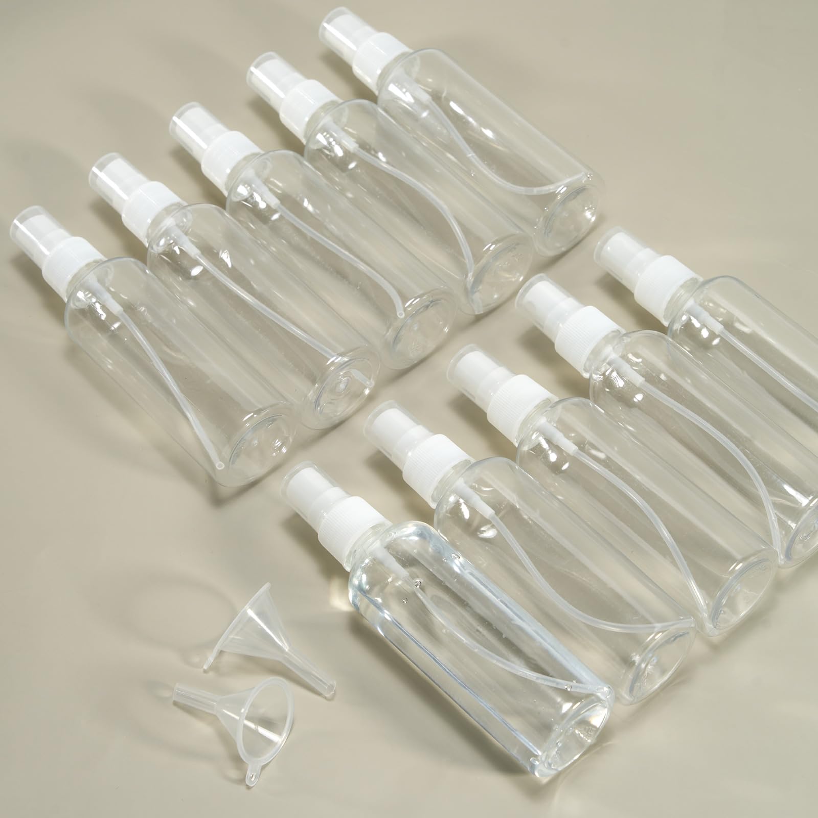 10 sztuk małych butelek z rozpylaczem, 100 ml, rozpylacz, puste butelki z rozpylaczem, z 2 lejkami i etykietą, butelka z rozpylaczem, pusta, plastikowy rozpylacz perfum – do podróży samolotem lub do