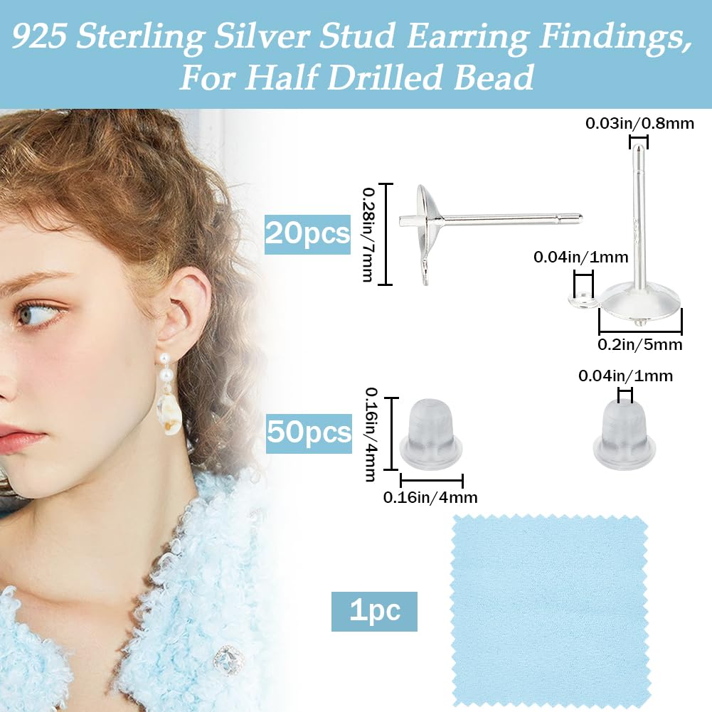 Beebeecraft 1 Box 20Pcs Pearl Cup 925 Sterling Silver Stud Earring Findings with 50Pcs Plastic Ear Nuts for Half Drilled Beads DIY Jewellery Making - Image 2