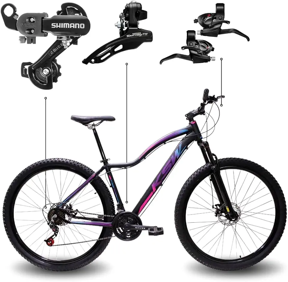 Bicicleta Aro 29 Feminina KSW MWZA Shimano Quadro Alumínio Rebaixado Freio a Disco Mecânico MTB
