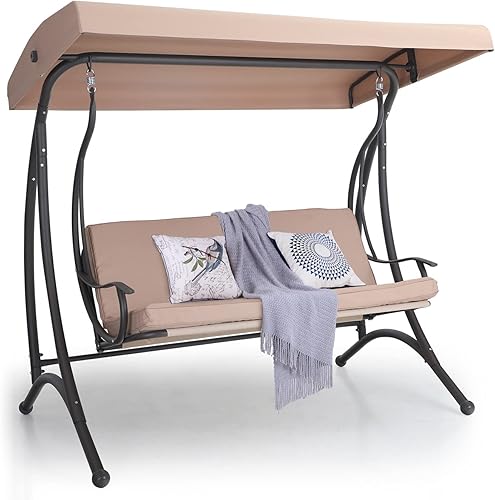 Sophia & William Silla columpio de 3 asientos para exteriores con toldo ajustable, silla de descanso con cojín extraíble para porche, jardín, patio