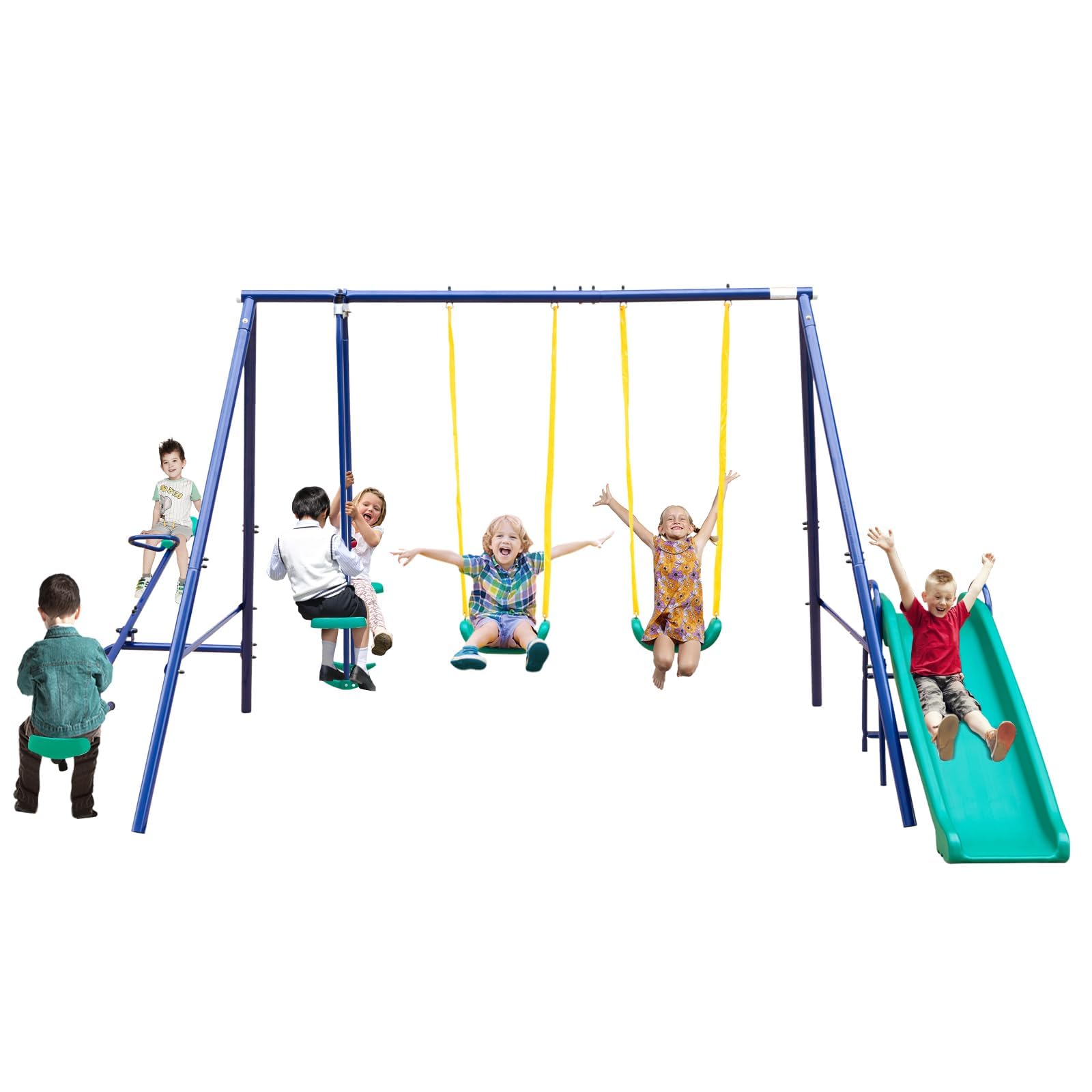 Jaxenor 5 in 1 Metal Swing Set for Backyard with Slide, Teeter-Totter, Swing Glider & Heavy-Duty A-Frame for Kids 3-8, Weather Resistant, Durable &