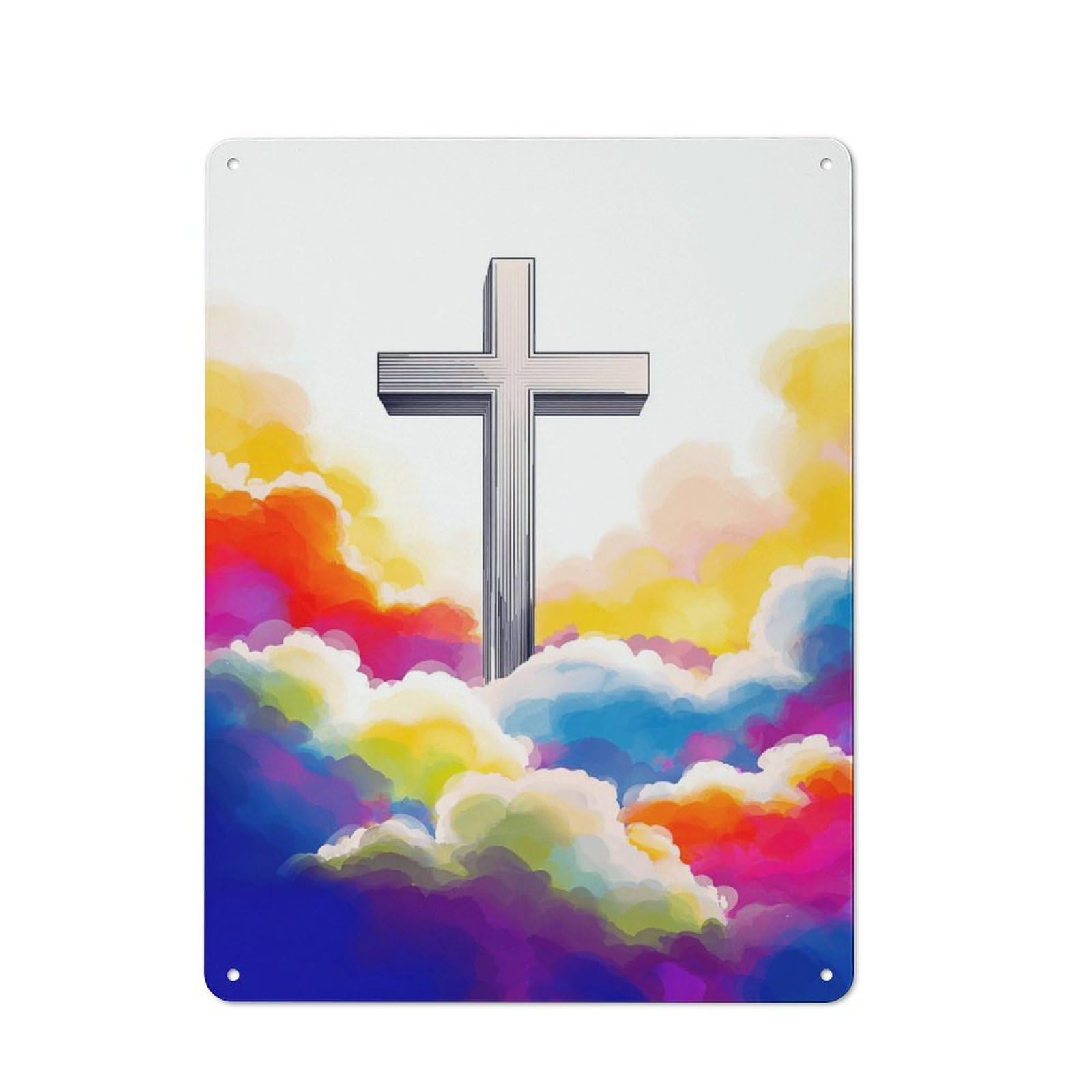 Colorful Clouds Surrounding Cross Painting Rustic Metal Plaque 40x30cm for Studio Or Craft Room, Suited to Craft Room Decorators
