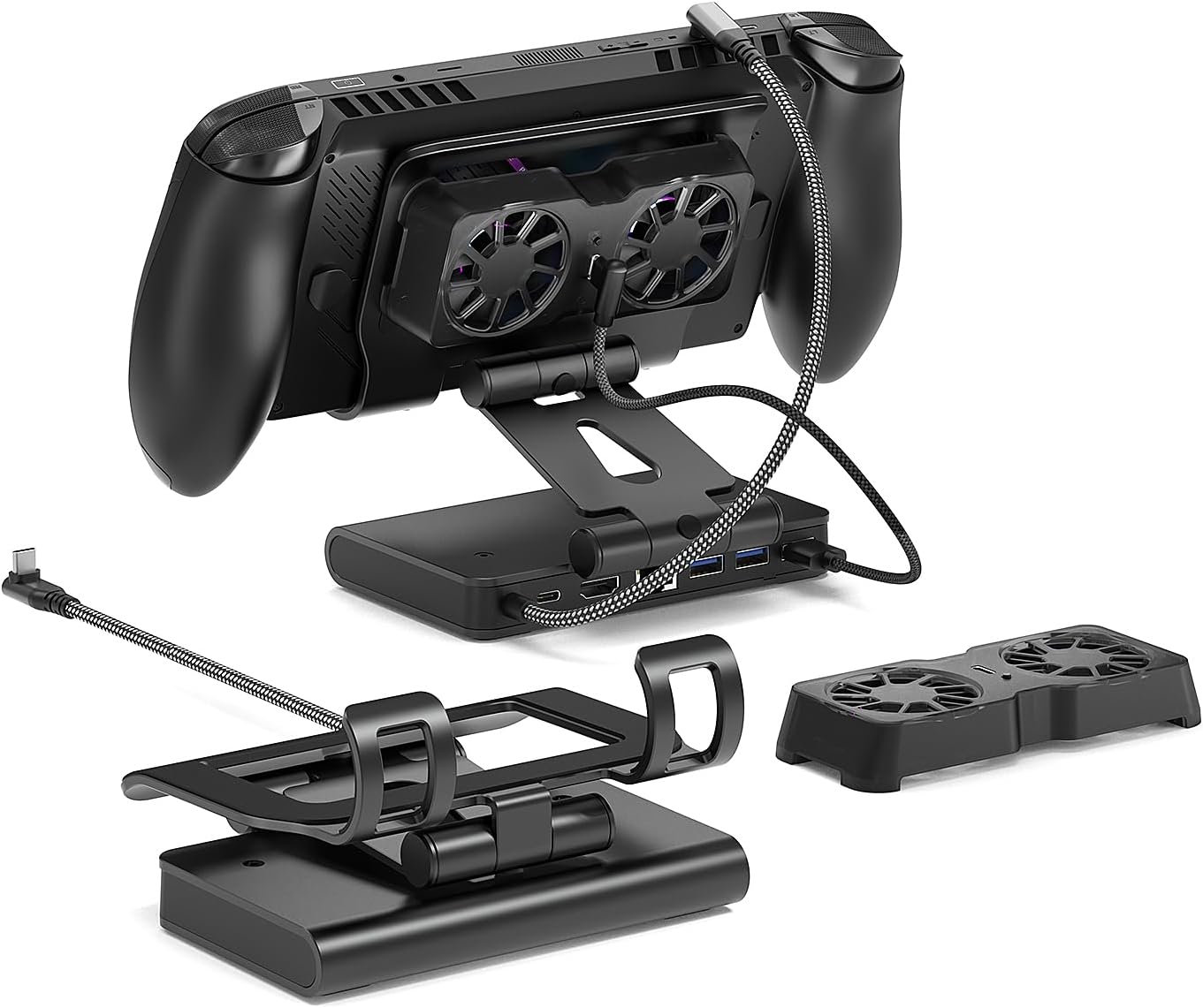 Estación de Acoplamiento y Base con Ventilador Dual Magnético Desmontable para Xbox ROG Ally X/Ally/Switch2/Steam Deck/Legion Go/MSI Claw, Hub USB, HDMI 4K@144Hz, Carga PD100