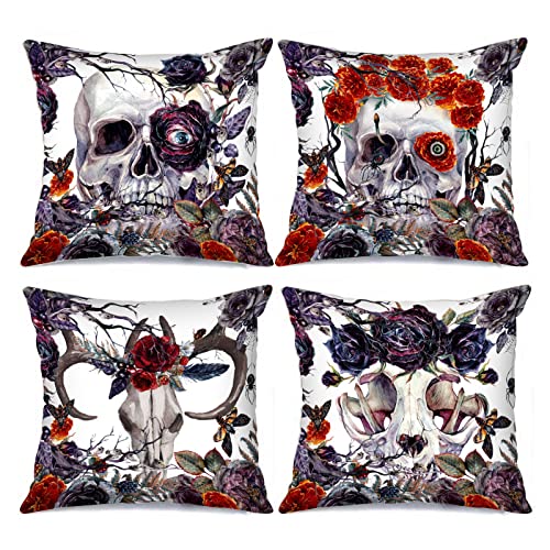 Lot de 4 Housses de Coussin décoratives en Forme de tête de Mort Style Vintage 45 x 45cm Style botanique Motif tête de Mort Style Gothique Motif Floral pour...