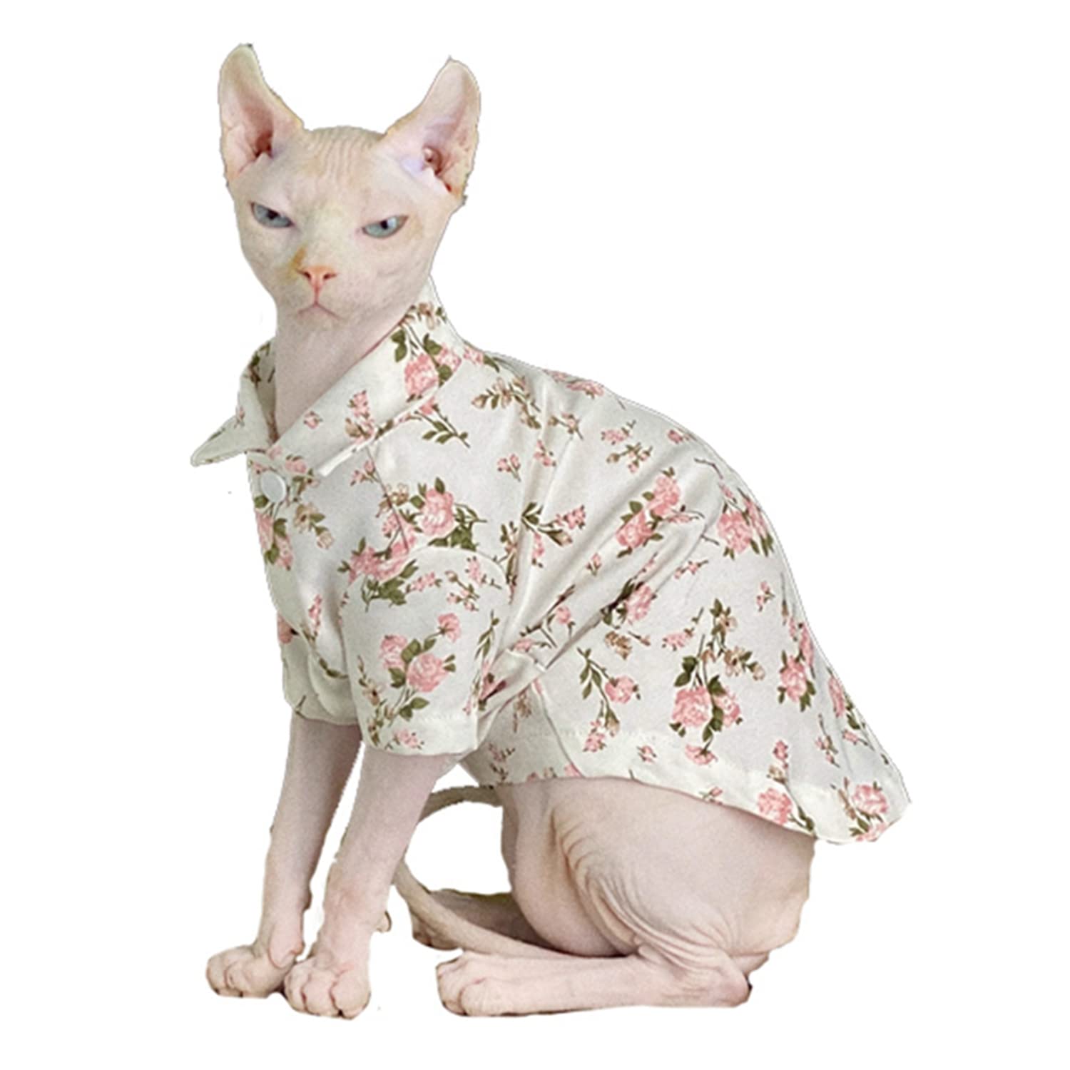 WCDJOMOP Hairless Cat T-Shirts Breathable Summer Cotton Retro Shirts Button Closure Turn Down Collar Floral Print Cat Clothes Vest Pajamas Apparel for Sphynx, Cornish Rex, Devon Rex, Peterbald (L-)