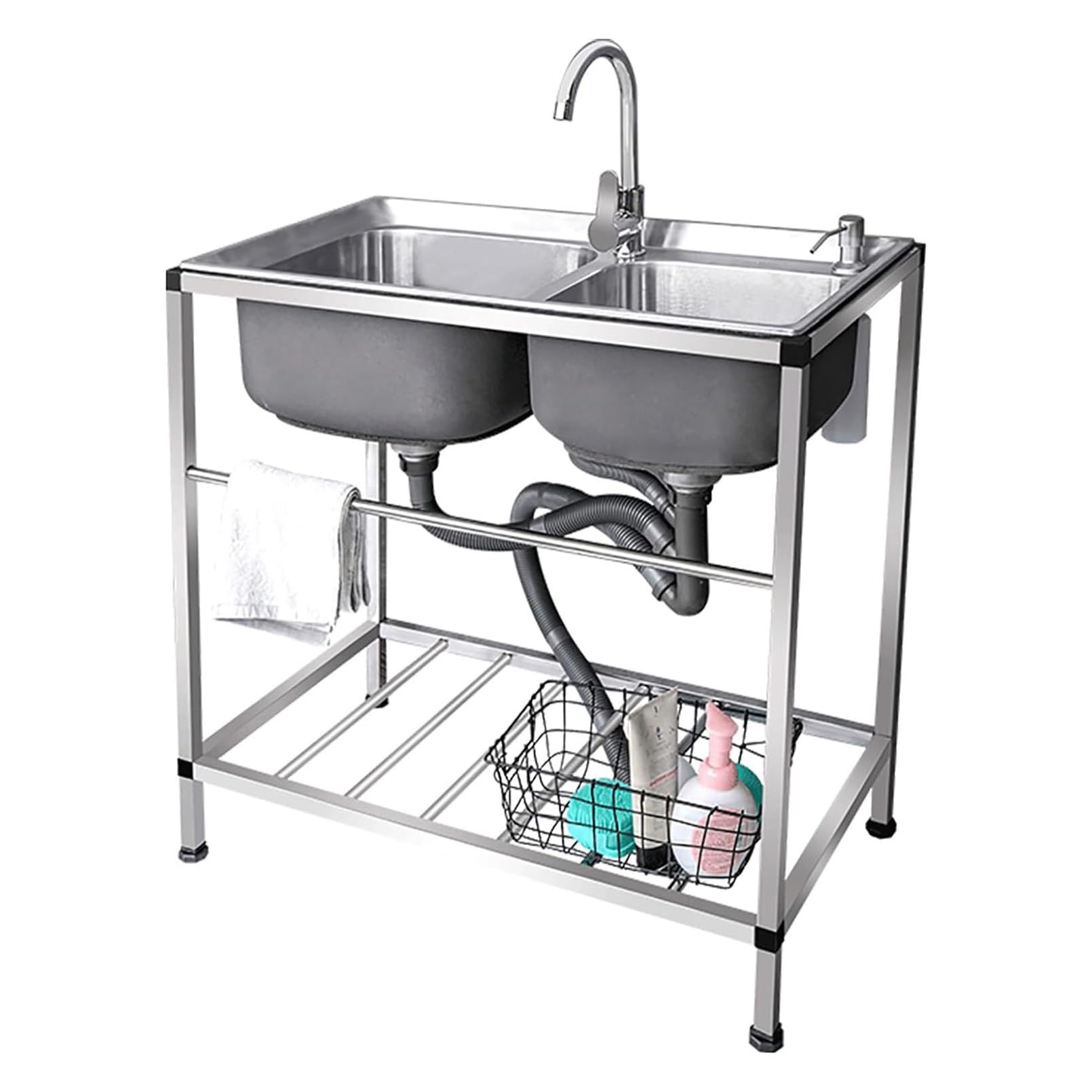 LMYSXAOZ Commercial Sink 2 Compartment, Stainless Steel Double Bowl Kitchen with Shelf & Faucet, Freestanding Utility Sink, Hand Washing Basin for Restaurant, Garage
