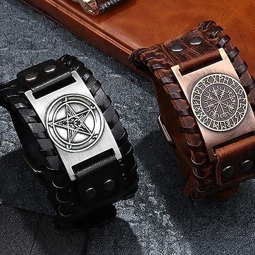 Satanic Leather Cuff Bracelet, Demon Baphomet Satanic Goat Head Bracelet, Gothic Inverted Pentagram Bangle2