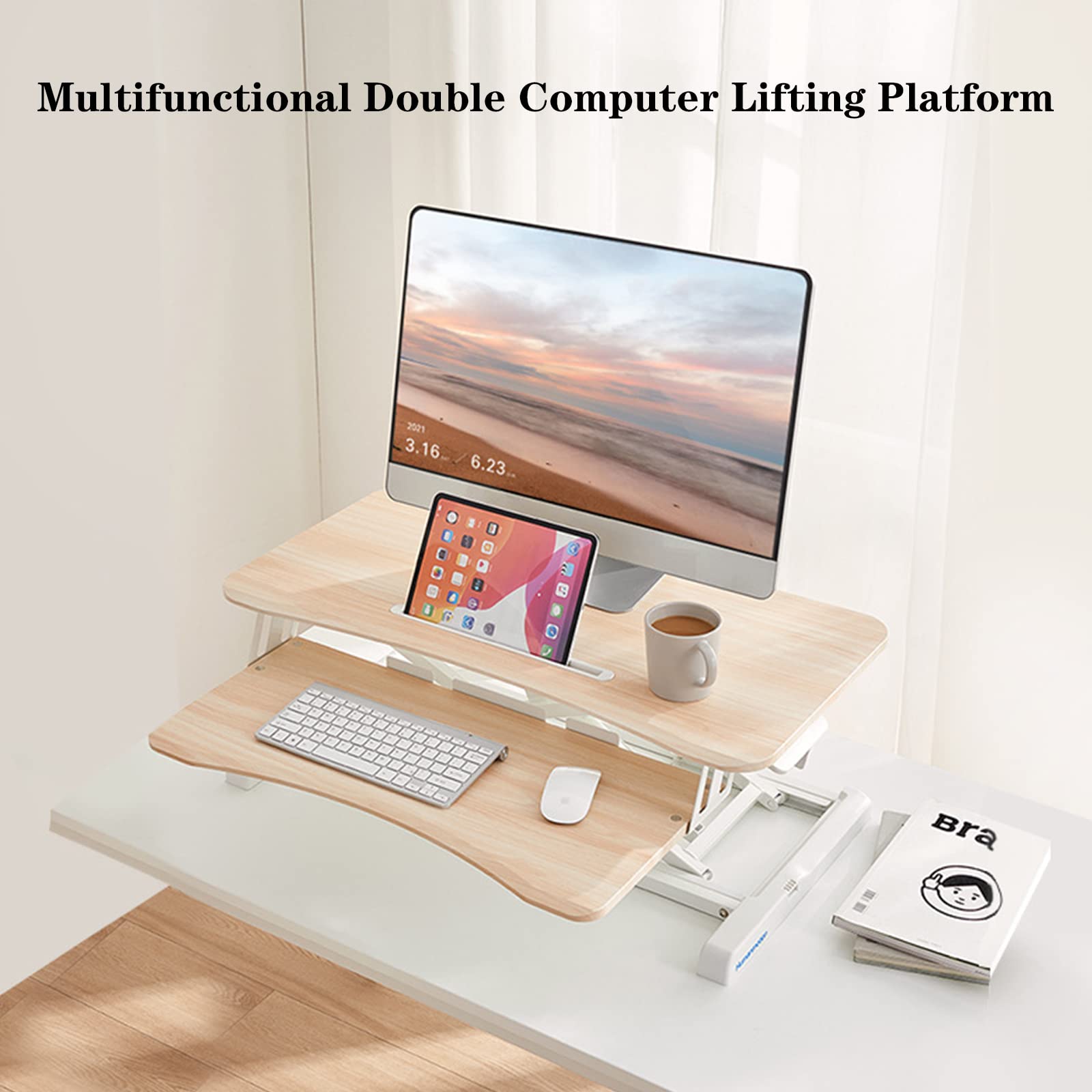 Convertisseur de Bureau, Convertisseur de Bureau Assis-Debout 40 x 80 cm, réglable, Compatible avec Deux écrans d'ordinateur Portable 5,1 à 20 Pouces, Couleur érable