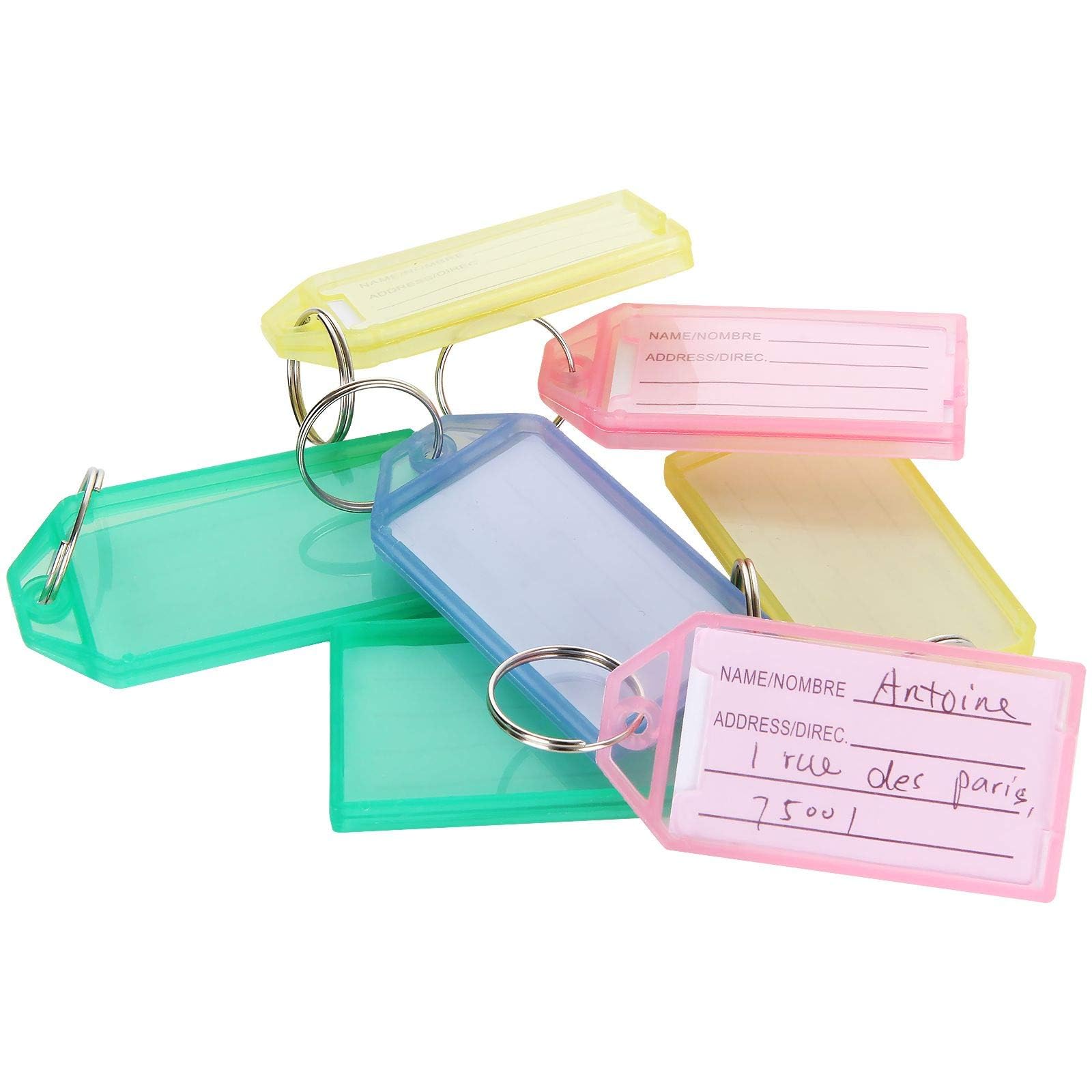 ASelected 120 Pcs Étiquettes Clefs, Porte Cle Etiquette Assortiment de Couleurs en Plastique Key Ring Bagages Tags Avec l’anneau en Acier Inoxydable Peuvent Ouvrir la Fenêtre pour Modifier le Contenu
