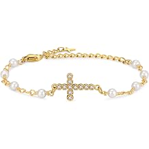 DS 18K Gold Plated Faith Engraved Cross Bracelet for Women, Adjustable Inspirational Christian Religious Copper Chain Wrist Jewelry with Extension Chain, Gift for Easter Confirmation Baptism for Her