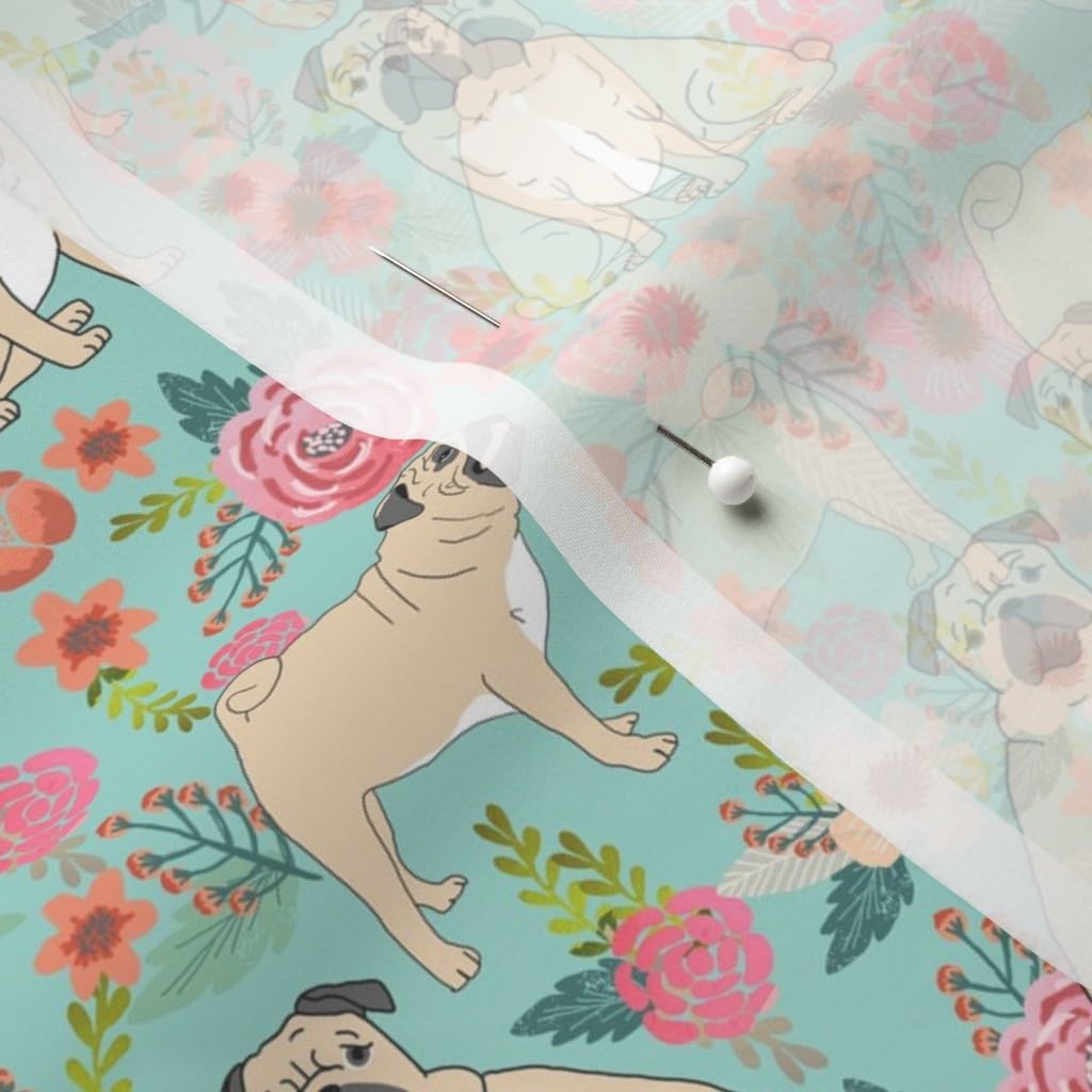 Spoonflower Fabric - Pug Pet Dog Pugs Flowers Florals Cute Mint Dogs Printed on Chiffon Fabric by The Yard - Sewing Fashion Apparel Dresses Home Decor
