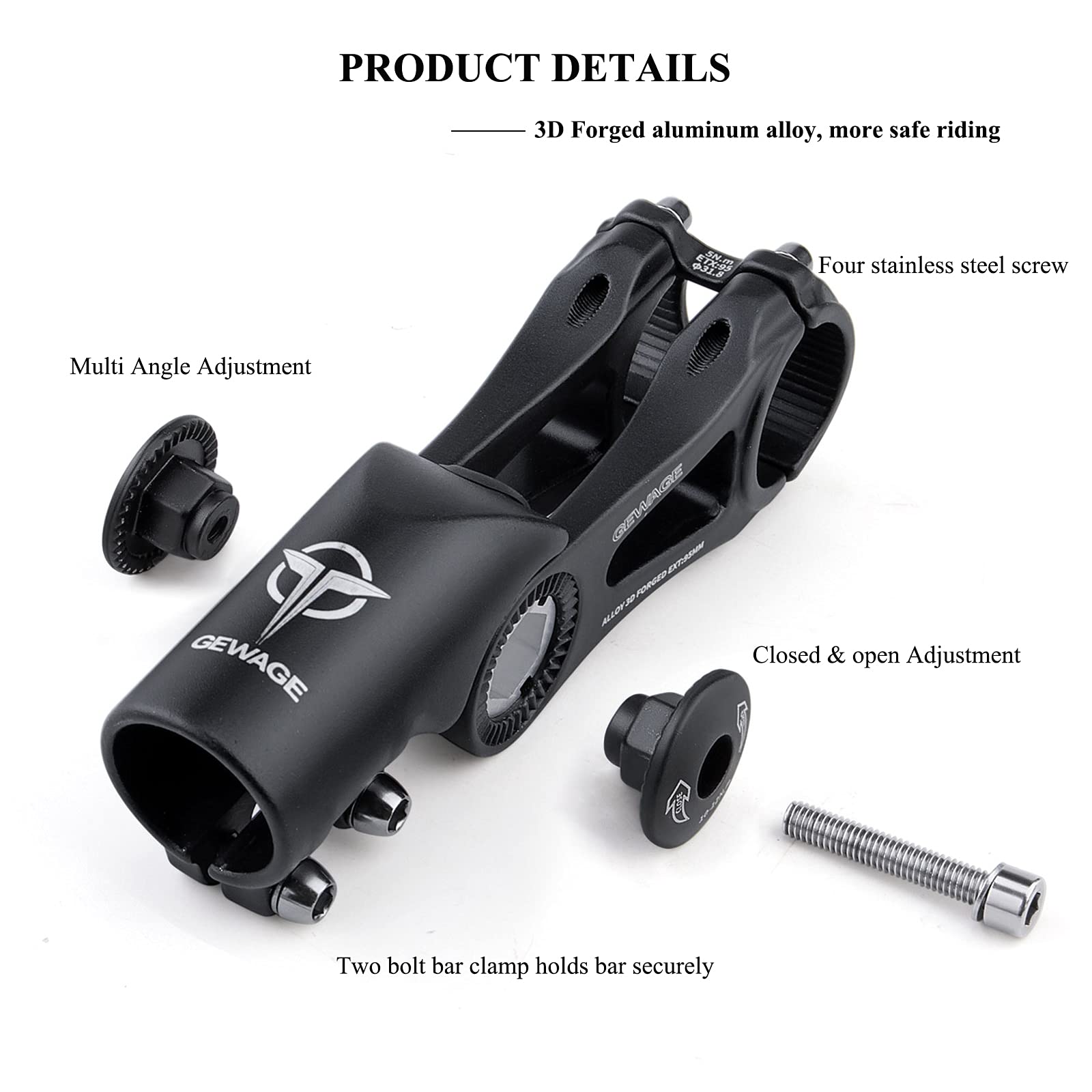 GEWAGE Potence de vélo – Réglable à 130 degrés – 75 mm, 90 mm, 130 mm – Pour guidon de 31,8 cm (1-1/4") – Convient à la plupart des VTT, vélos de route, BMX (XT-A825D-95)