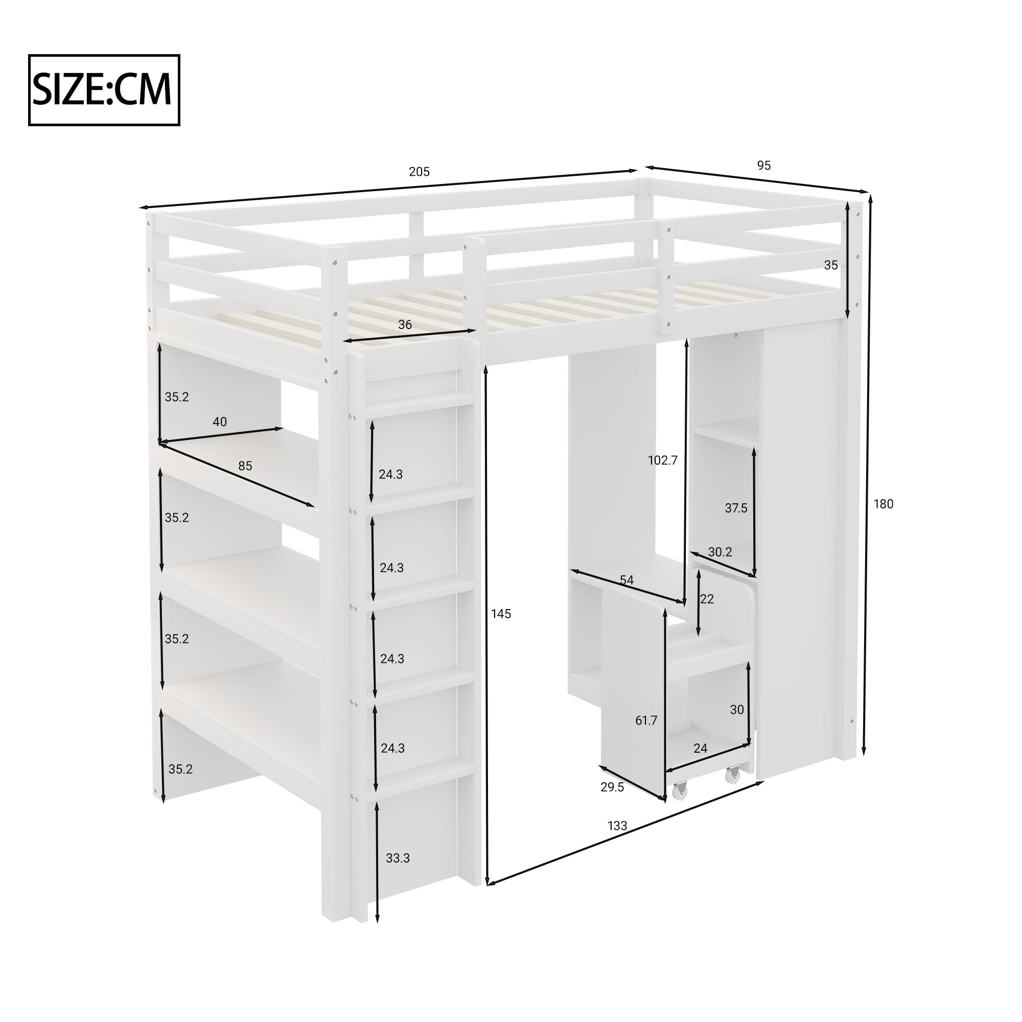 Azkoeesy Cama Individual Alta 90x200 cm, con 3 Grandes estantes de Libros, Perchero, Carro, somier y barandilla, para Adolescentes y Adultos, Madera de Pino, Color Blanco