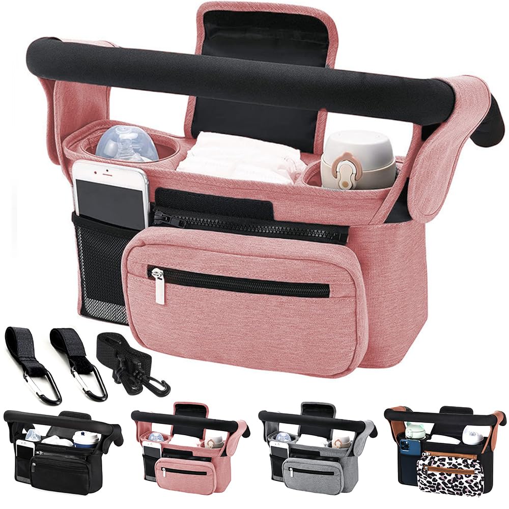 Tyuodna Baby Pram Bag Stroller,Universal Stroller Bag with 2 Insulated Cup Holder,Large Capacity Bag Organiser,Buggy Organiser Bag with Shoulder Strap&Non-Slip Secure Hooks (Pink)