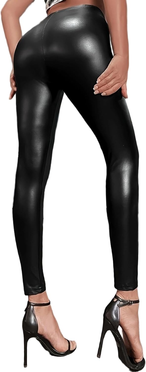 Women's High Waisted Faux Leather Leggings Wet Look Stretchy Pleather Skinny Pants Tummy Control