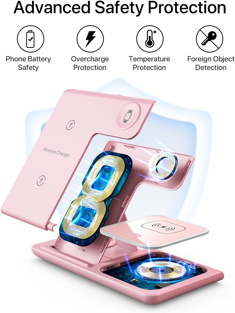 Wireless Charger for iPhone, Wireless Charging Station for Multiple Devices Apple, 3 in 1 Wireless Charger Stand Compatible with Apple Watch, iPhone & AirPods, Wireless Charging Pad with Adapter(Pink)