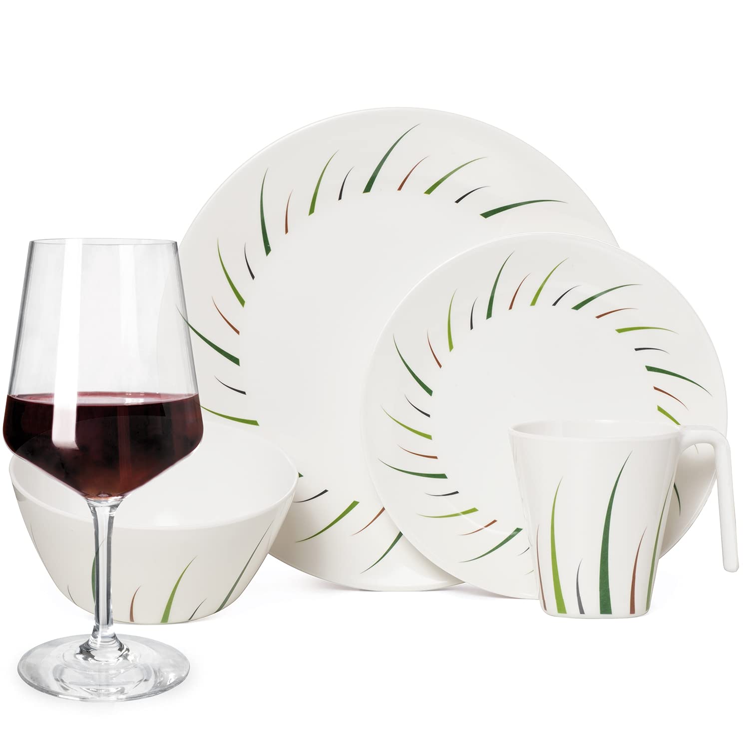Vaisselle de camping en mélamine pour 4 personnes - Design citron vert - 16 pièces - Verres à vin rouge - Vaisselle de table de pique-nique BBQ