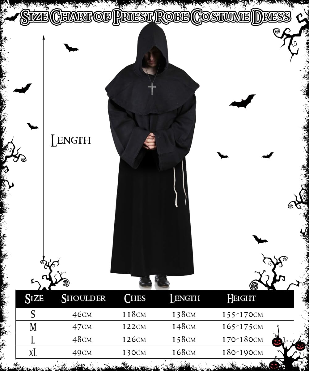 Kostium mnicha, szata kapłana, kostium mnicha, średniowieczny, renesansowy, kostium mnicha na Halloween, kostium czarodzieja z płaszczem, linką w talii i krzyżykiem na szyję dla dorosłych