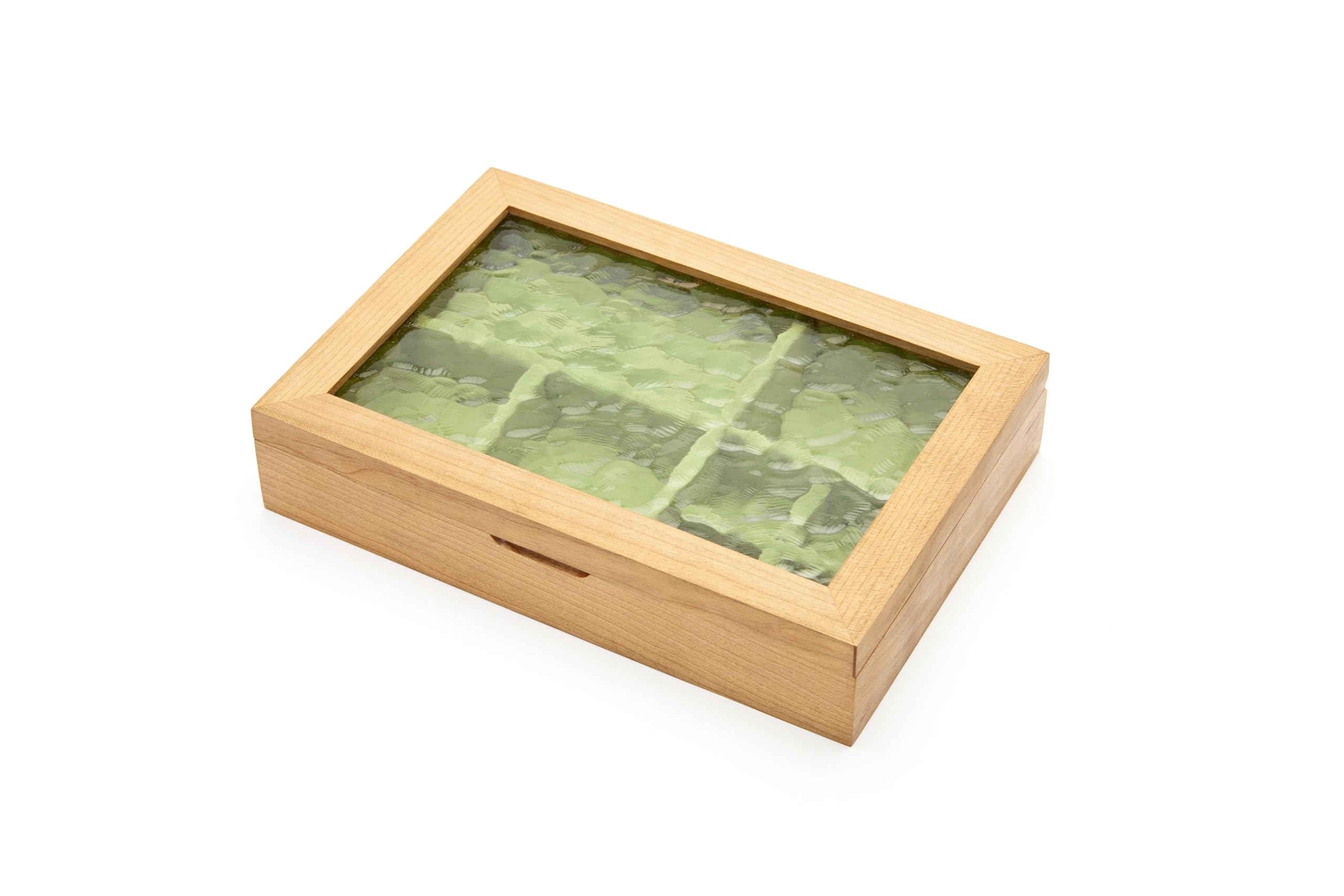 pandapark Schmuckschatulle aus Holz mit Glasdeckel, Aufbewahrungsvitrine mit mehreren Fächern, Walnussbraun (Grüne Kirsche)