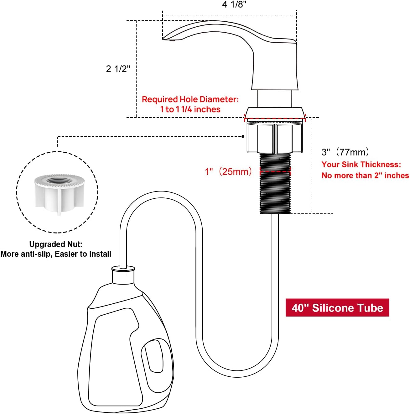 GAGALIFE Kitchen Sink Soap Dispenser - Sink Soap Dispenser Pump with 40" Silicone Extension Tube Kit (Brushed Nickel), Say Goodbye to Frequent Refills G080-1BN - Image 2