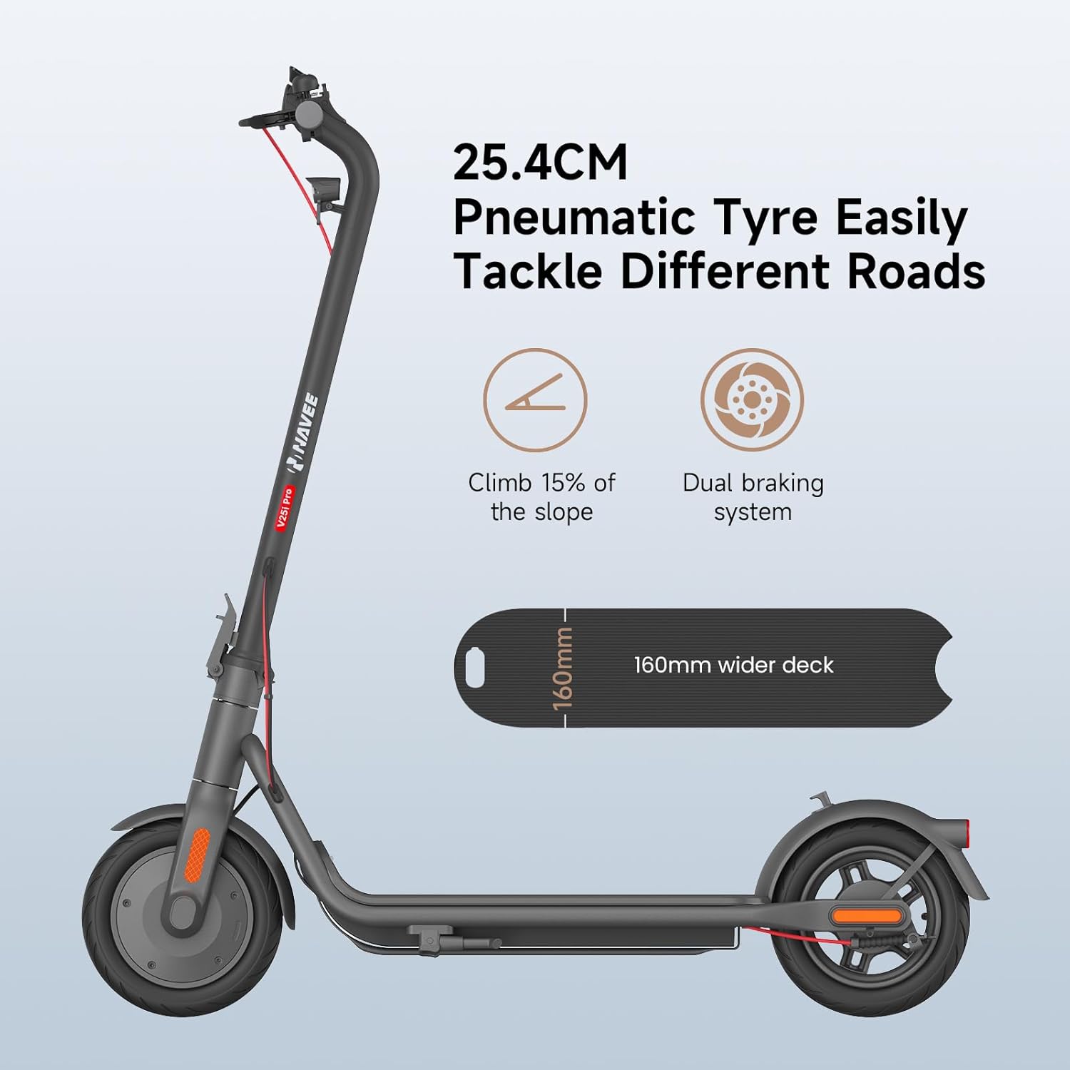NAVEE V25i Pro pneumatic tires and features