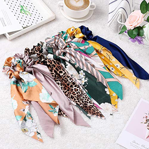8 Pcs Hair Scarf Scrunchie, Hair Scrunchies with Bow, Chiffon Floral Scrunchie Hair Bands Satin Scarf Ponytail Holder for Women (Color C) - Thumbnail 3