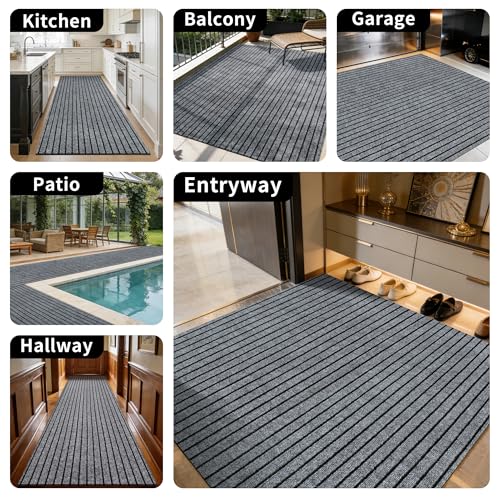 Image of 2ft x 8ft Runner Rug, Non Slip Indoor Outdoor Rugs, Waterproof Low Profile Carpet Runners for Hallway Entryway Kitchen Garage Patio Balcony, Custom, Grey Stripes
