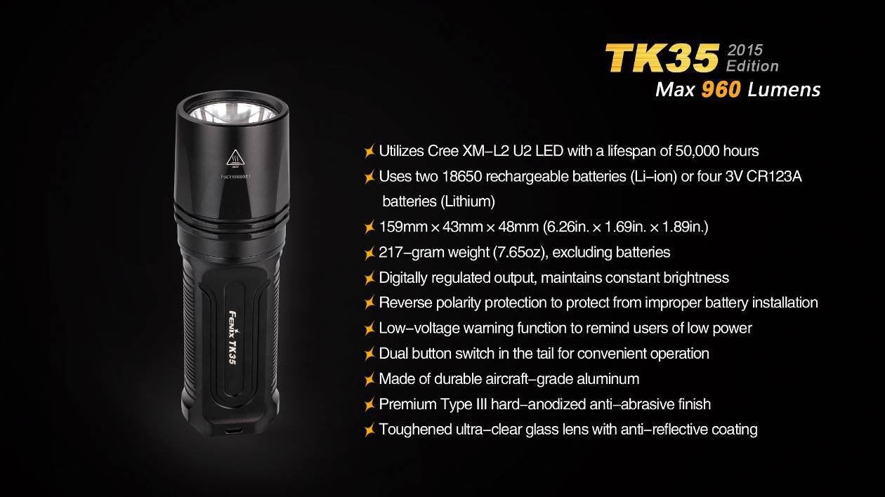 Review Product Fenix TK35 2015 Version 960 Lumen CREE XM-L2 U2 LED Tactical Flashlight with 4 X EdisonBright CR123A Lithium Batteries, Holster & Lanyard Bundle Best Deal Product Fenix TK35 2015 Version 960 Lumen CREE XM-L2 U2 LED Tactical Flashlight with 4 X EdisonBright CR123A Lithium Batteries, Holster & Lanyard Bundle