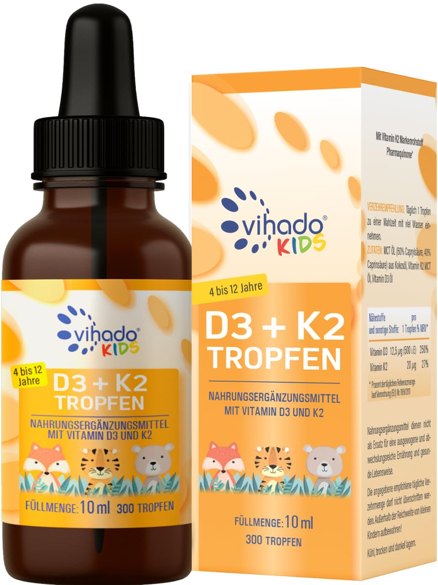 Vihado Vitamin D3 + K2 für Kinder von 4-12 Jahre, sicherer Markenrohstoff, vegan, 300 Tage, 12,5 μg 500 i.E Vitamin D aus Flechten, Kinder Vitamine, 10 ml (300 Tropfen)