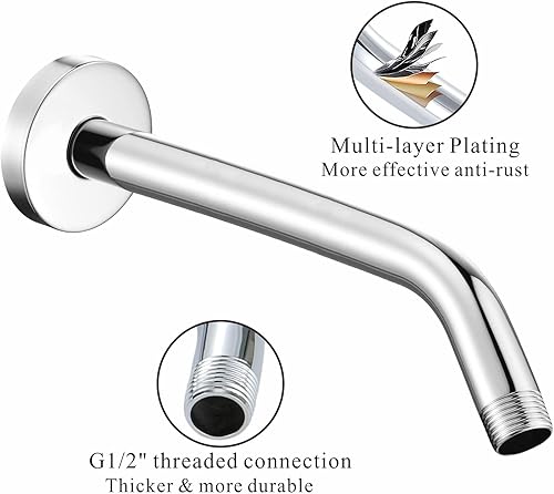 Miniatura 10 de Voolan Brazo de ducha con brida y cinta de teflón, brazo de extensión para cabezal de ducha fijo de baño, acero inoxidable sólido, montado en la