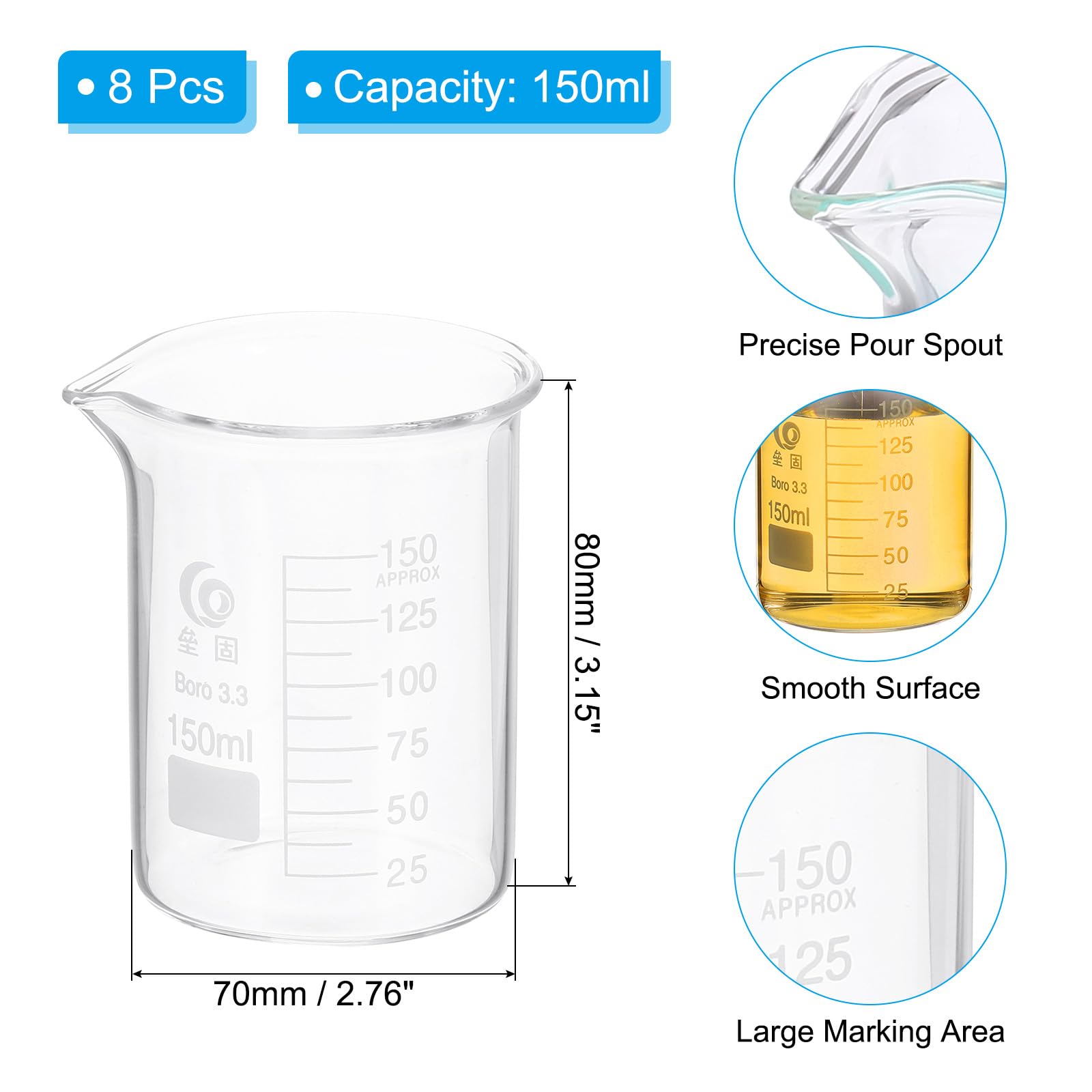 PATIKIL 150ml Vaso Medición Bajo, 8 Pcs Juego Vasos Precipitados Borosilicato 3.3 Graduados Con Pico Experimentos Laboratorio, Cocina Y Repostería, Transparente