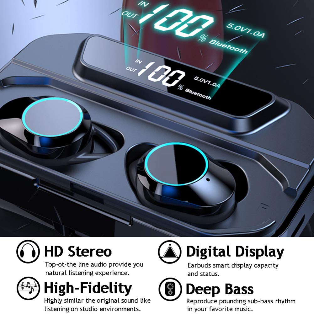 Deporte Auriculare Bluetooth 5.0 con Micrófono, Impermeable Auricular Inalámbrico HiFi Mini Twins Estéreo In-Ear Bluetooth con Caja de Carga Portátil, IPX6 HiFi, Black