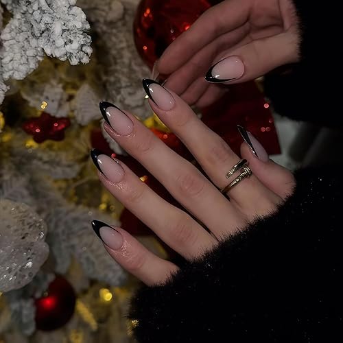 Miniatura 3 de Uñas postizas a presión con punta francesa negra, uñas cortas de almendra, uñas con pegamento para mujer, uñas acrílicas francesas de gel, uñas