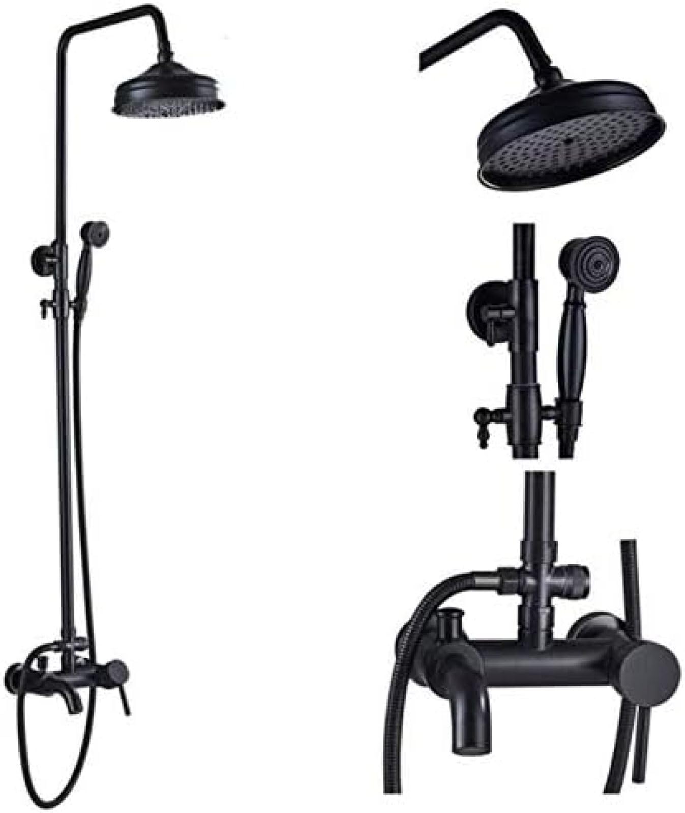ASerZenith Black Shower Faucets Set 8" Brass Rainfall Shower Head Tub Spout Bath Shower Wall Mounted Black Copper Tub Spout Shower