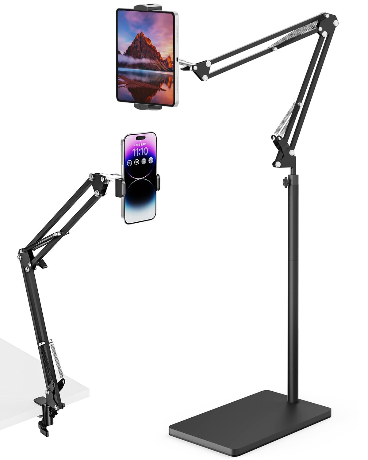 mmcrz Tablet Floor Stand with 11lb Stable Base & Desk Clamp, Adjustable Height Stretchable Arm Swivel Dual Holder, Compatible with iPhone, iPad Pro