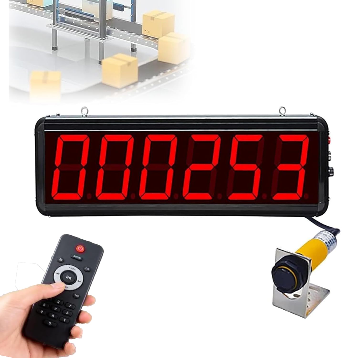 Contador digital con pantalla LED de 6 dígitos de 3 pulgadas, cuenta de sensores infrarrojos hasta 999999, distancia de detección de 30-70 cm, con control remoto, para colgar o montar en la pared