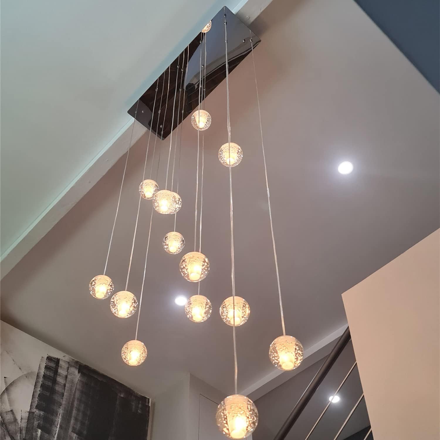 Pendelleuchte LED Moderne Glas Kristall Hängeleuchte Höheverstellbar Lüster Dekoratives Kronleuchter für Villa Treppe Wohzimmer Esszimmer Schlafzimmer Pendellampe (14 Bälle Rectangle)