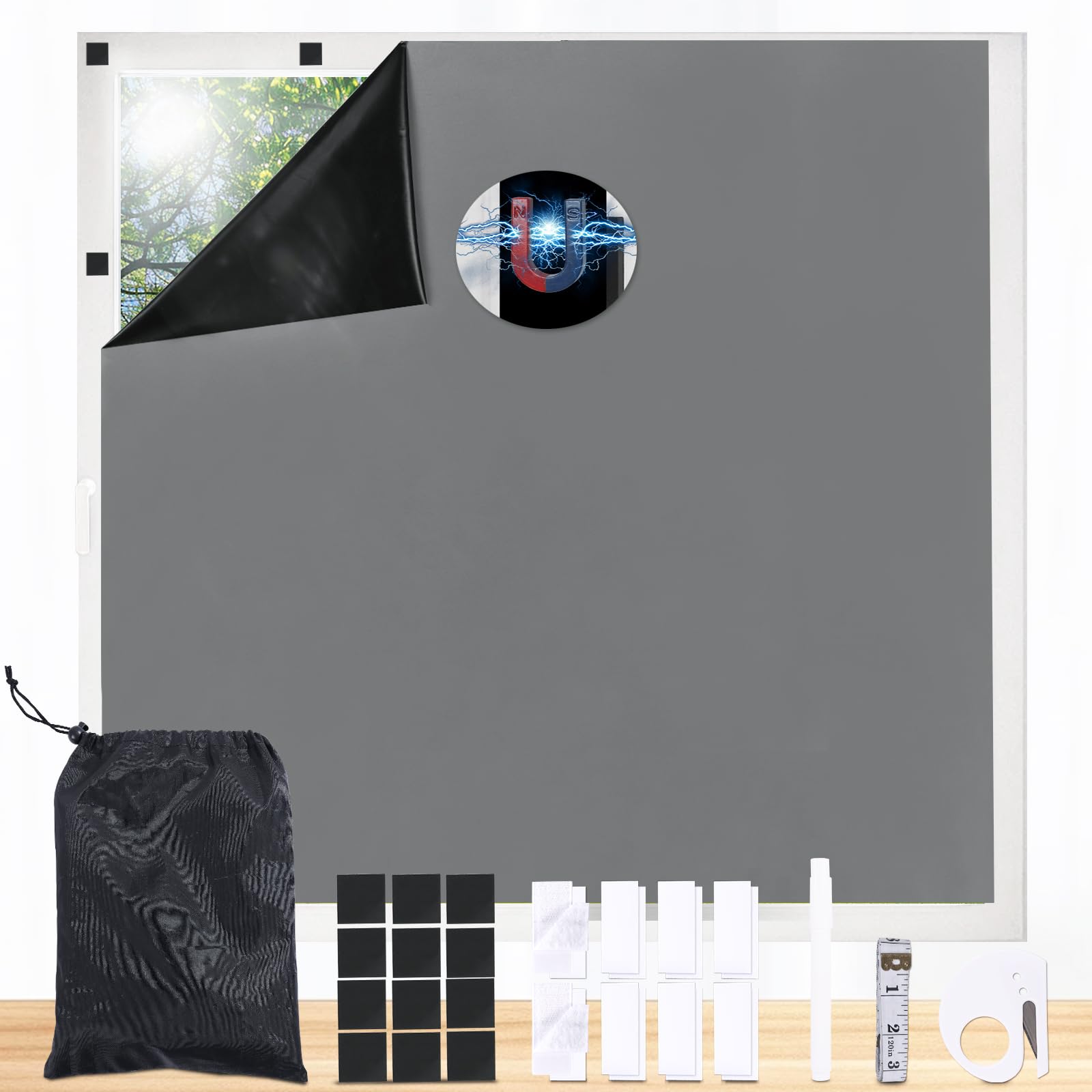 Maritown No Drill Magnetic Blackout Blinds Stick on Curtains, Easy Cut to Size&Shape Fits Any Windows, Portable Blackout Blind with 12 Pairs Magnets & Tapes Easy Install for Bedroom, Nursery,Loft,Car