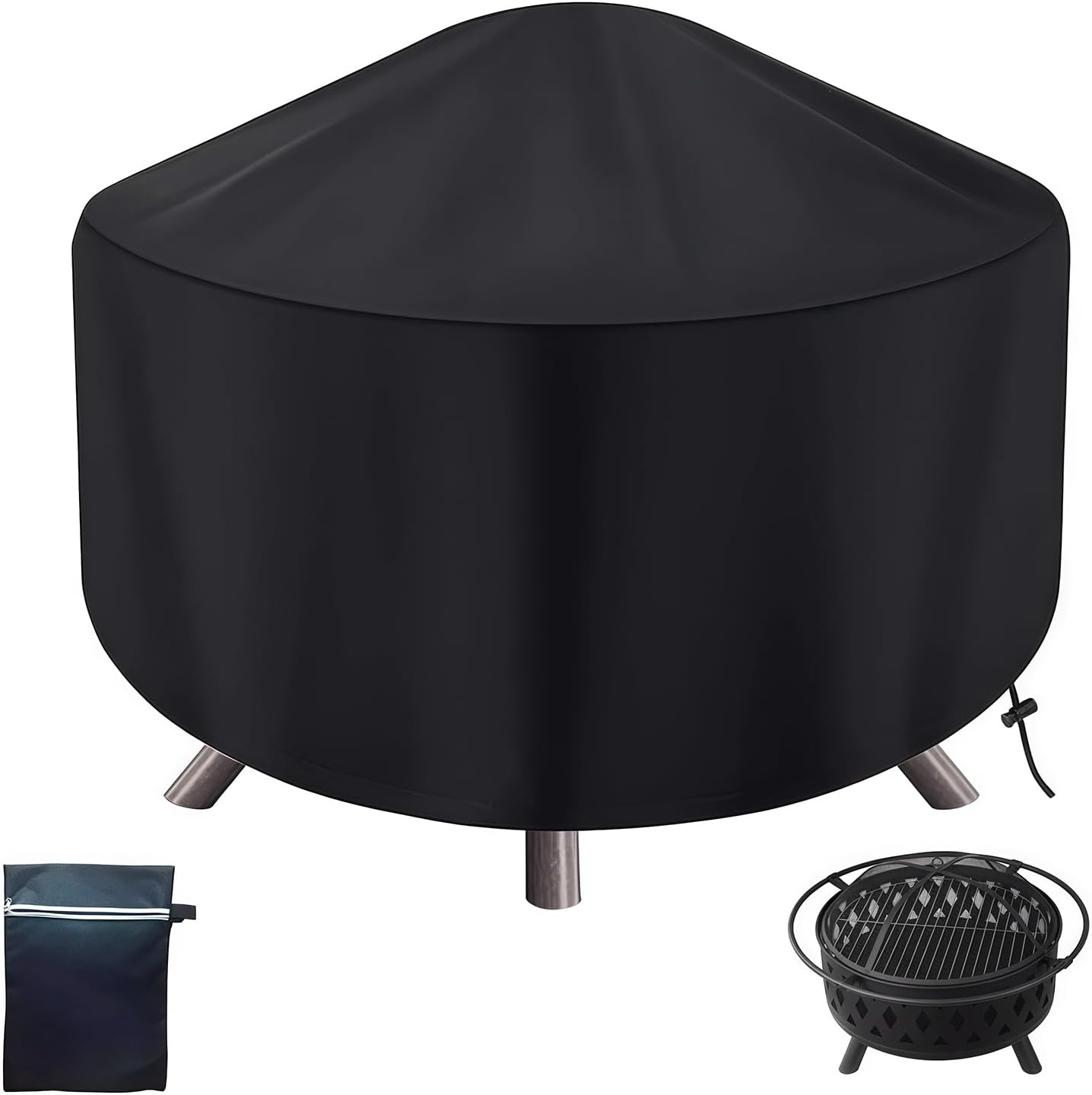 Black Round Fire Pit Cover Outdoor Fire Pit Cover Round with Drawstring Waterproof Dustproof for Round Gas Firepit Covers Fire Tables Fire Bowls Fireplace Covers (50.4in*27.9in)