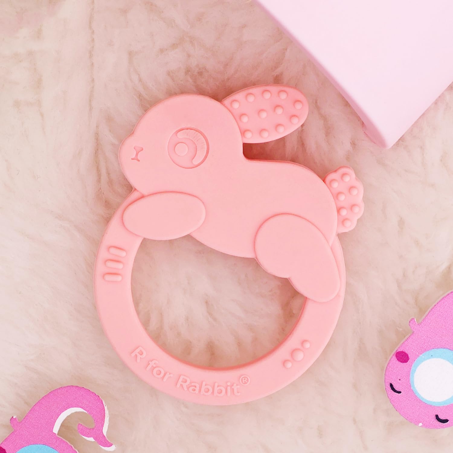 R for Rabbit Tiny Bites Zoobie Teether for Baby of 4 Month+ Cute Rabbit Shape Food Grade BPA-Free Soft Silicone Kids Teething Soothing Chewing Toy (Pink)