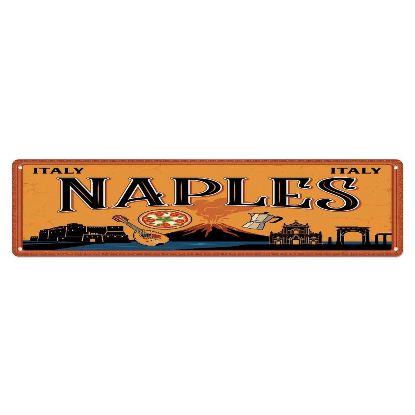 Metal Tin Sign Vintage Travel Naples Italy Vesuvius Pizza