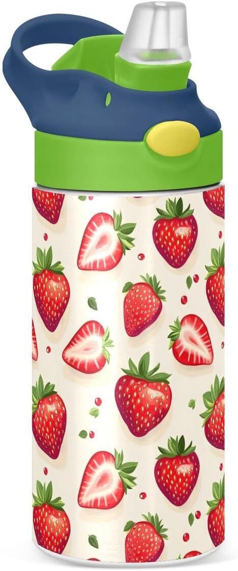 ALAZA Cherry Bow Fruit Kids Water Bottles Insulated Stainless Steel Tumbler Travel Cup Lids Straw Double Walled Leakproof 12 OZ for Boys Girls