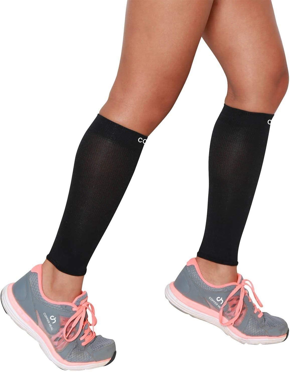 COPPER HEAL Calf Copper Compression Sleeves (Pair) Sport Muscle Strains Shin Splints Leg Socks Guard Running Marathon Soccer Rugby Tennis Golf Maternity Flight Gym Work