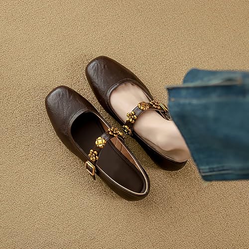 Women's Retro Leather Flat Mary Janes with Adjustable Metal Buckle Fashion Square Toe Slip On Soft Sole Ballet Flats for Business Casual Work Office4