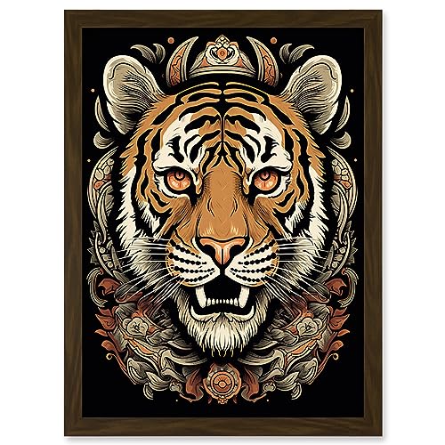 Artery8 Regal Tiger Piercing Eyes Tattoo Ink Body Art Rockabilly Americana 50s Artwork Framed Wall Art Print A4