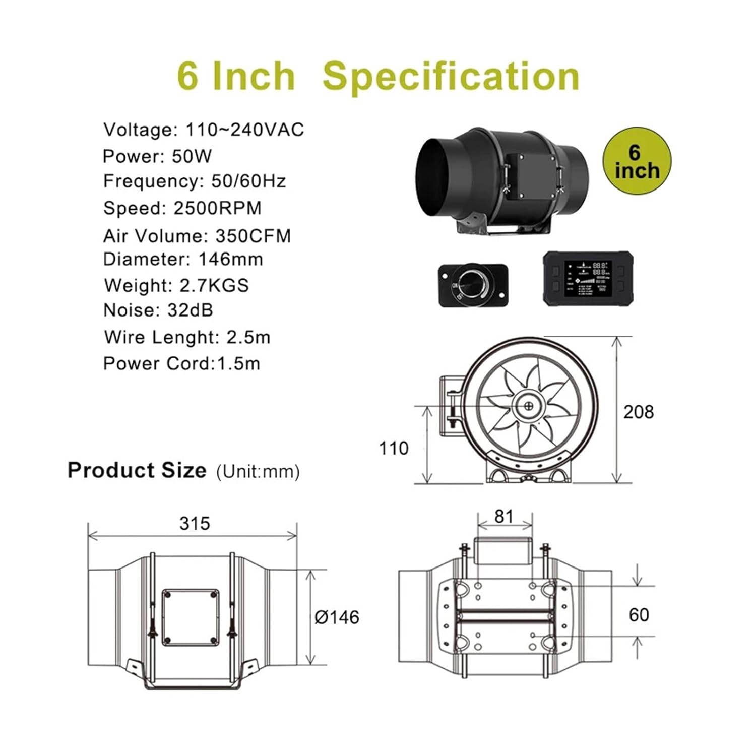 Inline Fan 6" EC Motor High Airflow 350 CFM Exhaust Fan(6 Inch-C2)