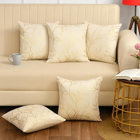 Stuffique Velvet Foil Cushion Covers 16 inch x 16 inch Set of 5, Cream