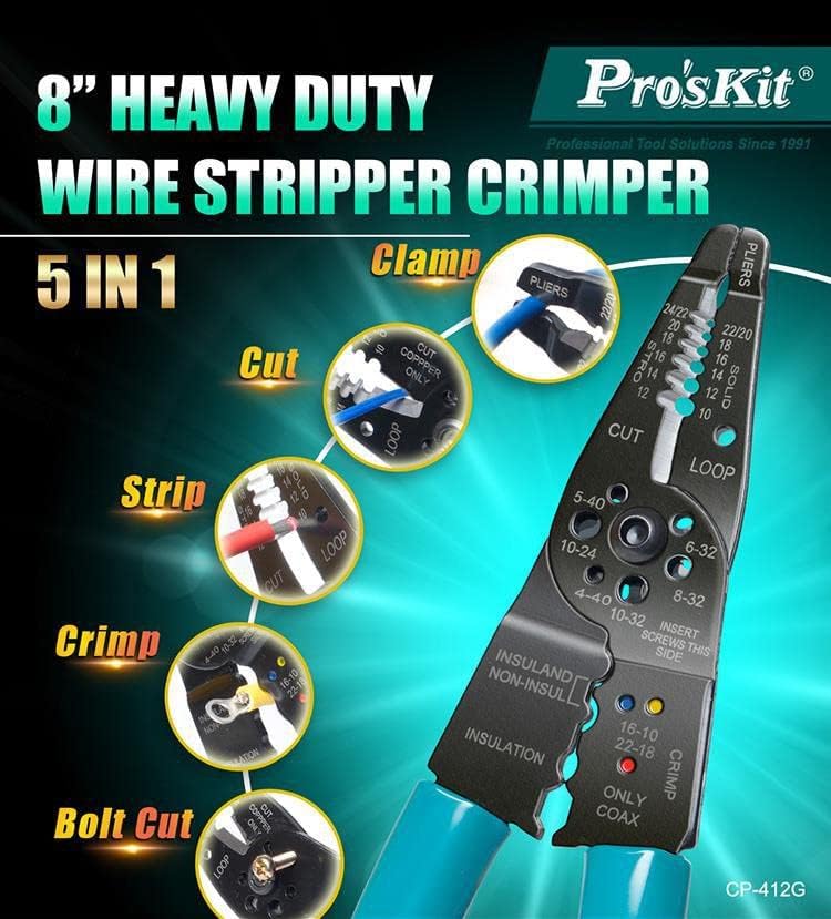 Miniatura 2 de Proskit CP-412G - Alicates para pelar cables multifunción, tijeras y crimpadoras (8 pulgadas), cortes y tiras de línea eléctrica, herramienta de mano