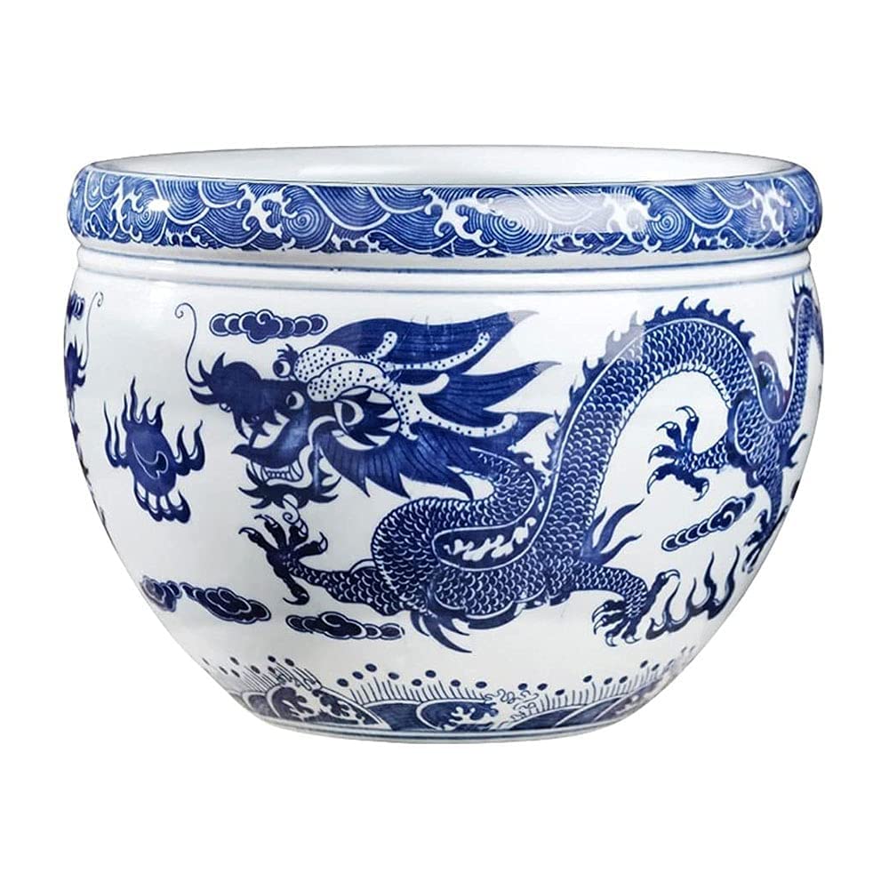 Porcelanowa Niebiesko-Biała Misa Dla Rybek, Misa Dla Rybek Z Chińskim Wzorem Smoka, Ceramiczna Doniczka Na Kwiaty, Dekoracja Hydroponiczna, Doniczka Na Żonkila,22.5cm