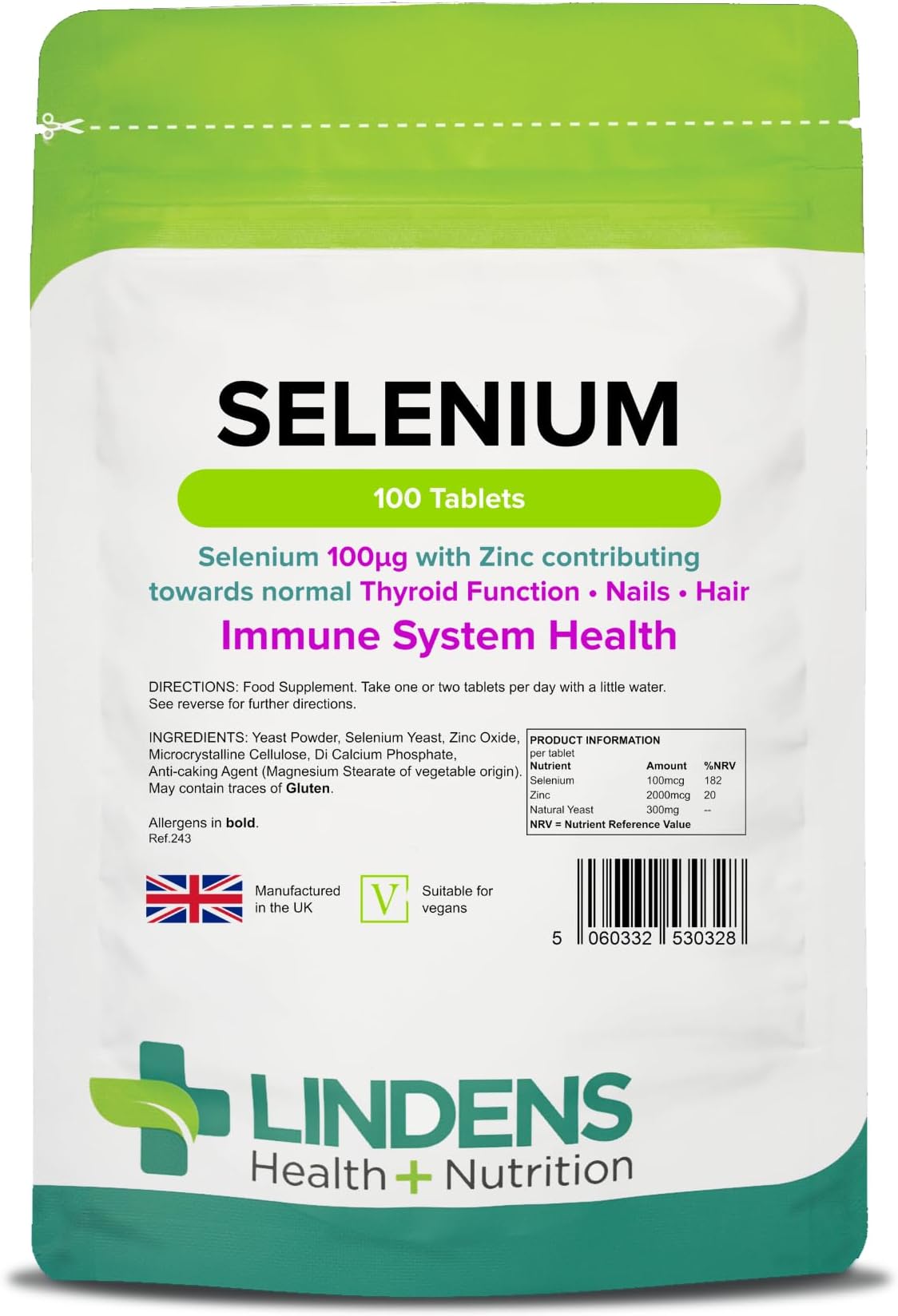 Selenium 100mcg & Zinc - 100 Tablets - UK Made - Contributes to Healthy Skin, Nails & Hair, Promotes Immunity & Thyroid Function - Vegan Friendly, GMP & Letterbox Friendly